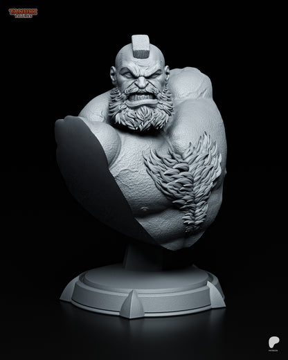 Zangief Street Fighter bust front view showing stern expression, beard detail, and mohawk hairstyle