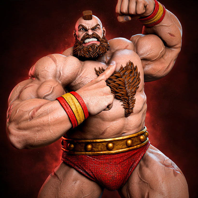 Zangief Street Fighter statue full body display on industrial base with power stance