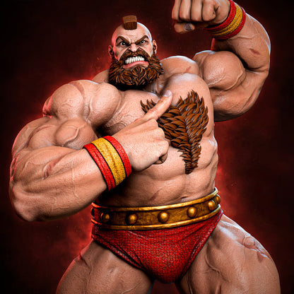 Zangief Street Fighter statue full body display on industrial base with power stance