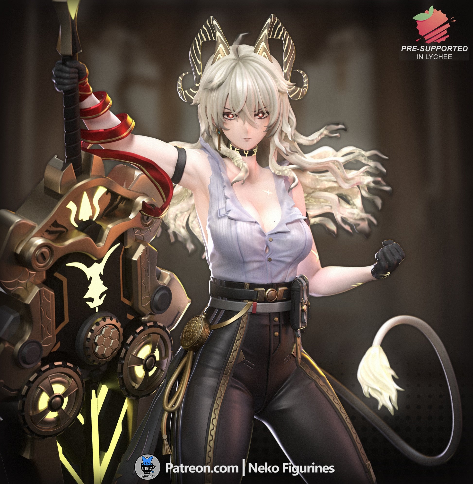 Painted render of Zani posed with large mechanical sword, showing flowing hair, golden horns, and detailed outfit.