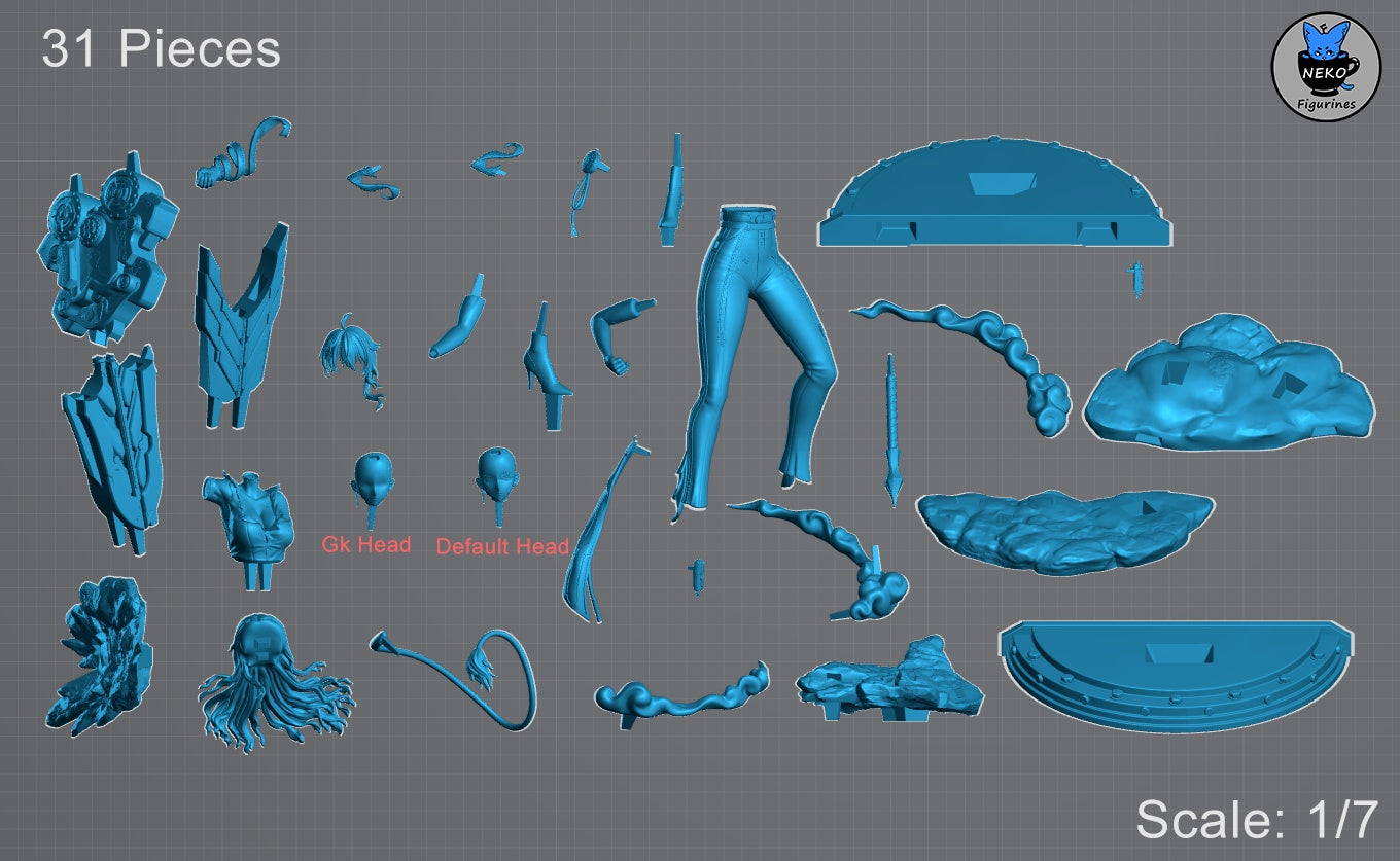 Digital layout of all 31 modular parts including two swappable heads, arms, legs, base sections, tail, and oversized weapon.