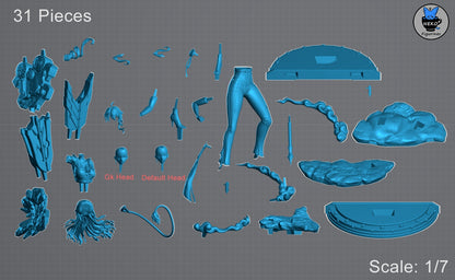 Digital layout of all 31 modular parts including two swappable heads, arms, legs, base sections, tail, and oversized weapon.