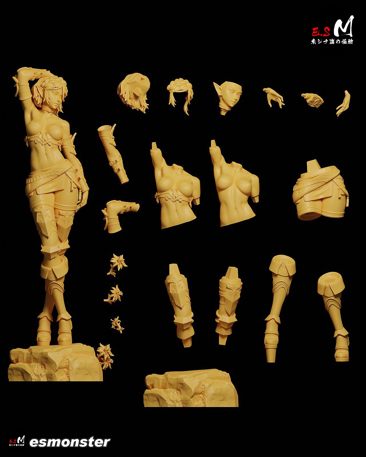 zelda tears of the kingdom 1:6 scale figure full body view standing on rocky base wearing fantasy armor pieces short skirt and bracers with exposed midriff elf ears anime style sculpt