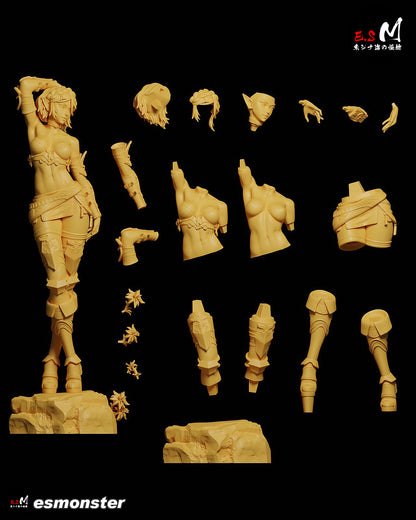 zelda tears of the kingdom 1:6 scale figure full body view standing on rocky base wearing fantasy armor pieces short skirt and bracers with exposed midriff elf ears anime style sculpt