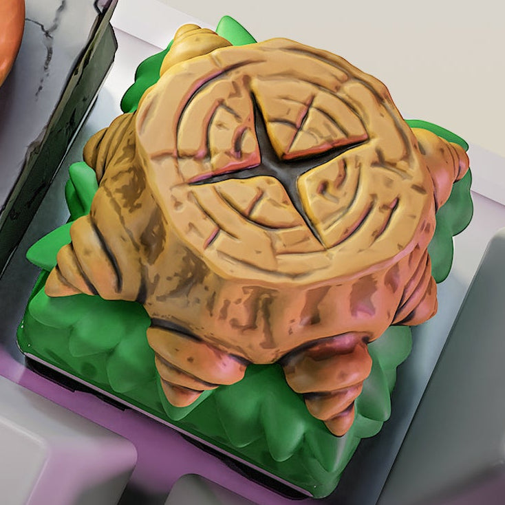 zelda tree stump seal artisan keycap with carved symbol and root base for mechanical keyboards