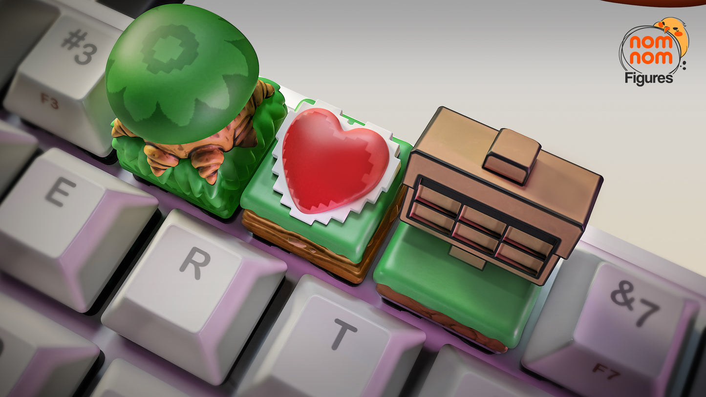 mechanical keyboard with zelda link to the past artisan keycaps displaying bush keycap heart container keycap and wooden signpost keycap on top row