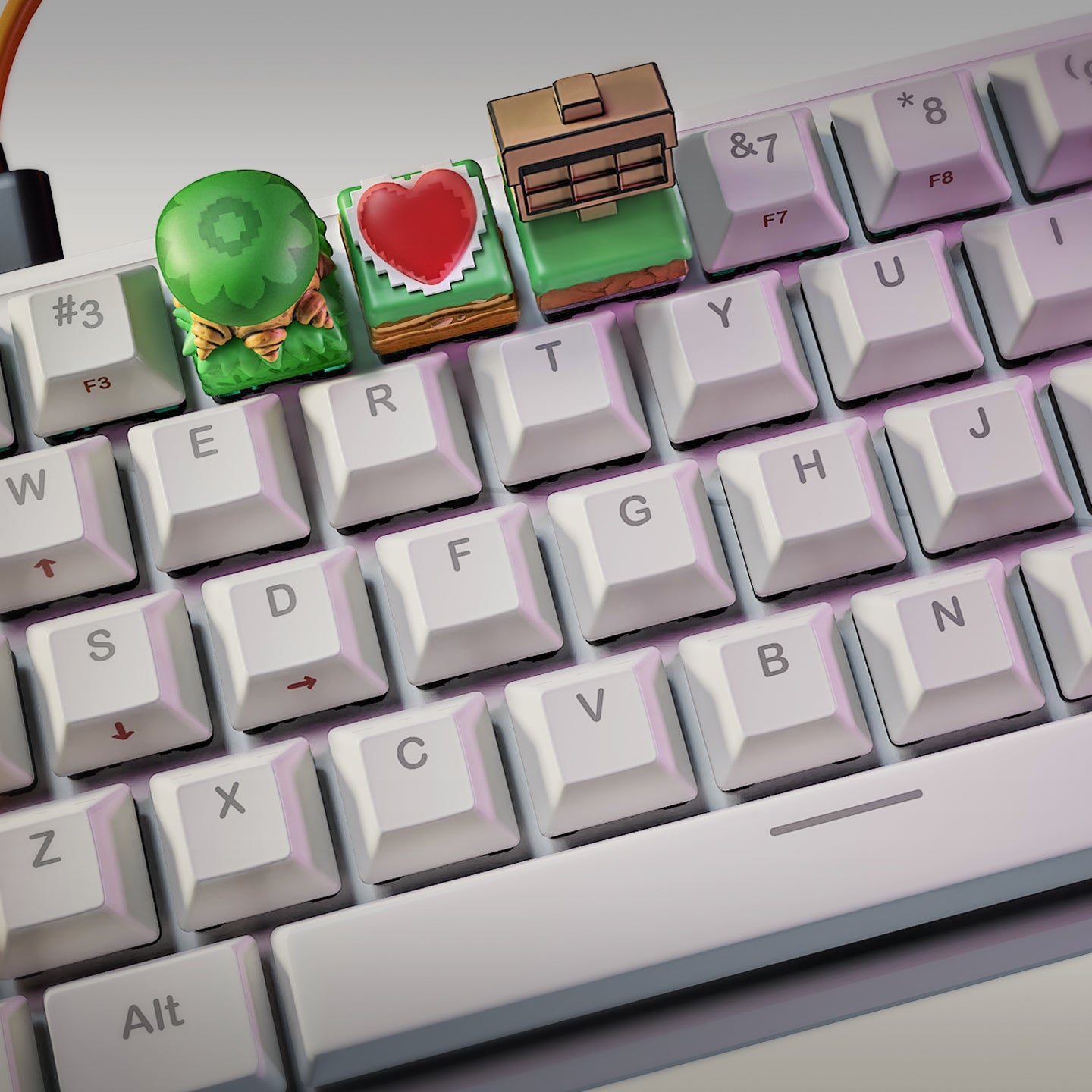angled view of zelda themed artisan keycaps including bush keycap heart container keycap and wooden signpost keycap on mechanical keyboard