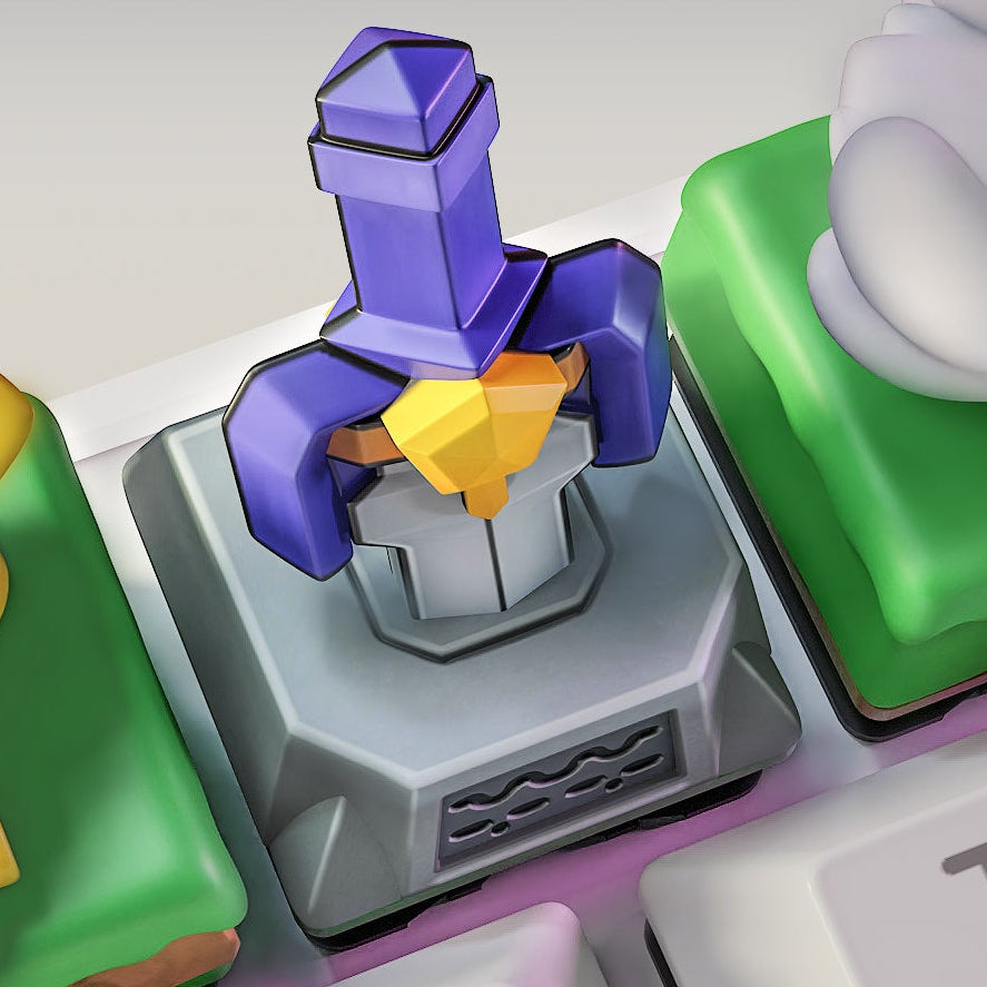 zelda link to the past master sword pedestal artisan keycap with sword-in-stone design on square base for mechanical keyboards