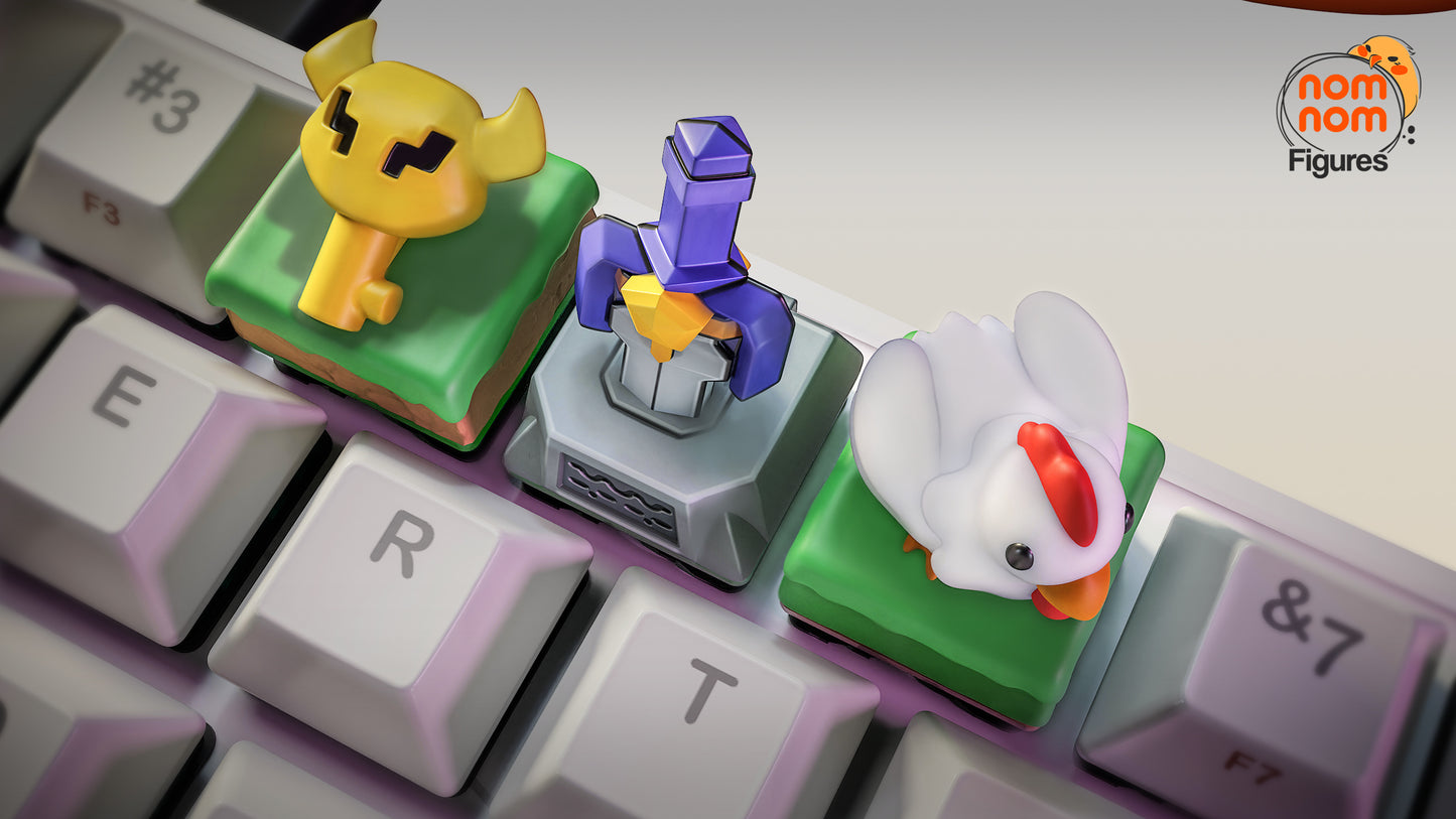 closeup of zelda link to the past artisan keycaps showing big key keycap master sword pedestal keycap and cucco chicken keycap on mechanical keyboard