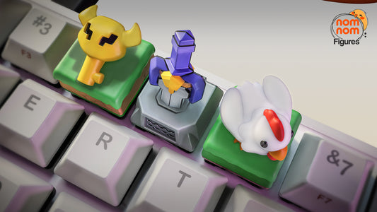 closeup of zelda link to the past artisan keycaps showing big key keycap master sword pedestal keycap and cucco chicken keycap on mechanical keyboard