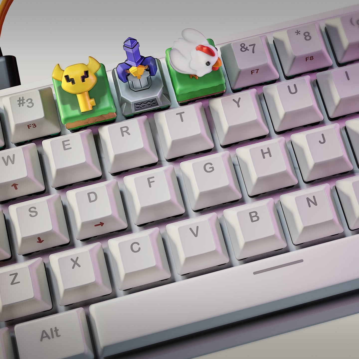 angled view of zelda themed artisan keycaps including big key keycap master sword pedestal keycap and cucco chicken keycap mounted on keyboard