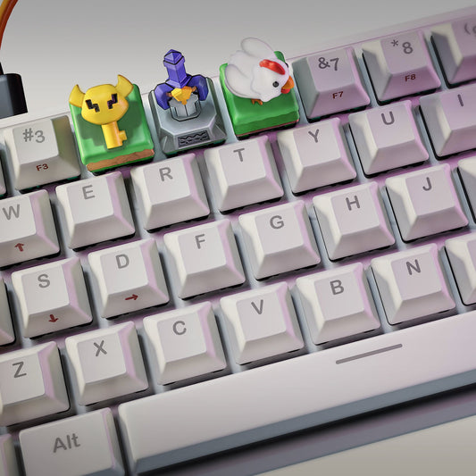 angled view of zelda themed artisan keycaps including big key keycap master sword pedestal keycap and cucco chicken keycap mounted on keyboard