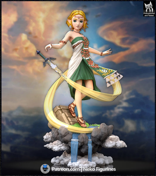 Zelda Tears of the Kingdom painted figure standing on cloud base with ruins, sword behind her, and swirling energy ribbon, 1:7 scale collectible.