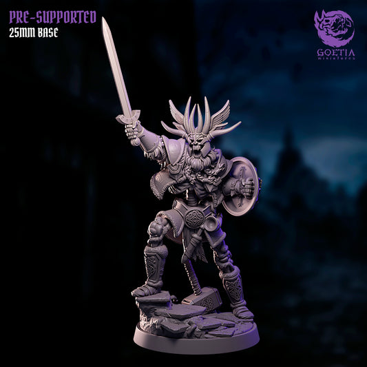 Zelgrak King of the Northmen undead skeleton warlord wearing crown and armor raising sword and shield skeletal king miniature from The Northern Darkness