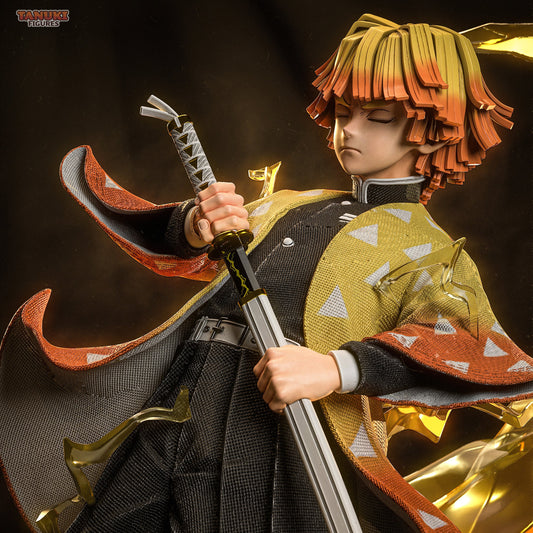 Close-up of Zenitsu Demon Slayer statue with eyes closed, gripping Nichirin Blade