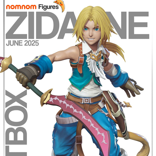 Painted render of Zidane Tribal from Final Fantasy IX holding stylized scimitars, wearing blue and white outfit, standing on detailed terrain