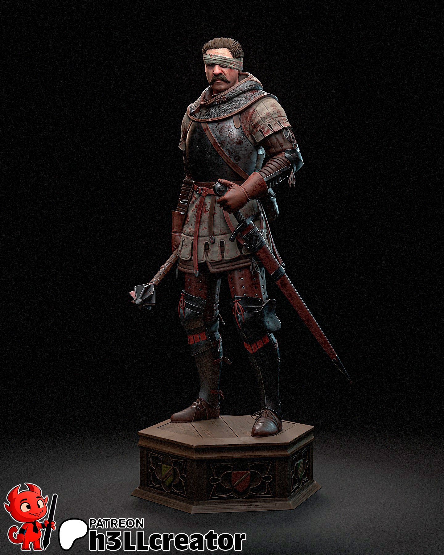 1:12 scale Jan Žižka collectible figure in full armor, blindfolded, holding a flail, standing on a hexagonal base with crest designs.