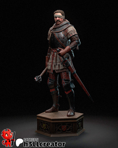 1:12 scale Jan Žižka collectible figure in full armor, blindfolded, holding a flail, standing on a hexagonal base with crest designs.