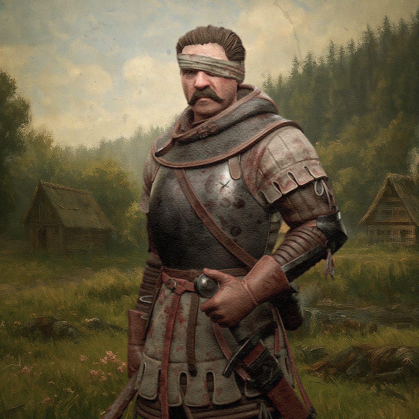 Illustrated depiction of Jan Žižka in armor and blindfold, set against a painted countryside background, holding his flail.