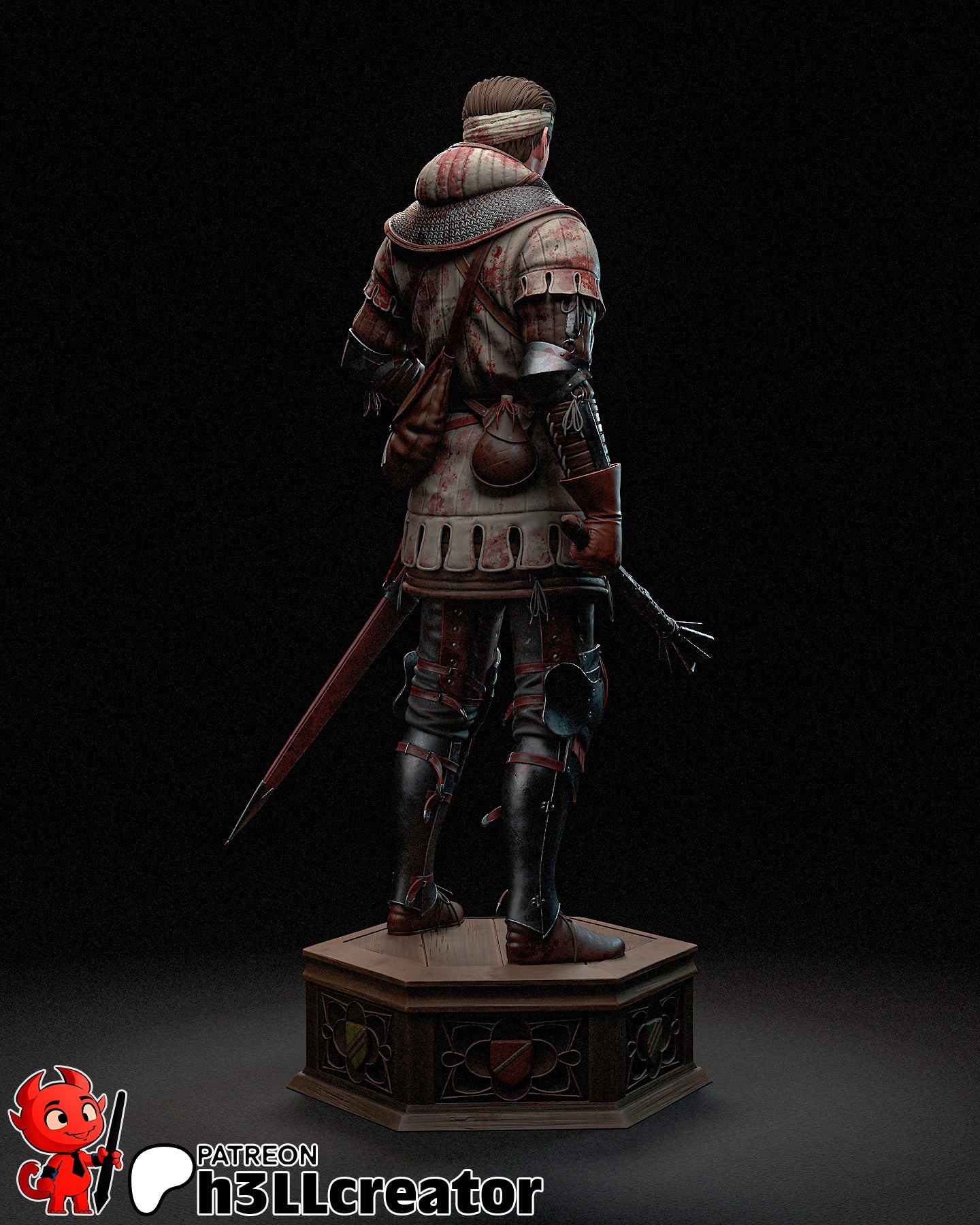 Back view of the Jan Žižka 1:12 scale collectible showing cloak folds, armor detail, and weapons at his side.