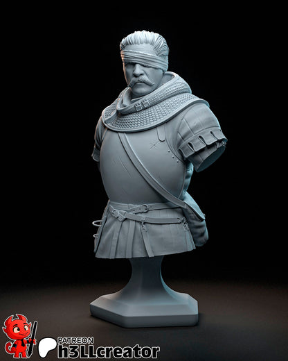 Bust of Jan Žižka in grayscale, showing detailed chainmail, armor plates, and his iconic blindfold and mustache.