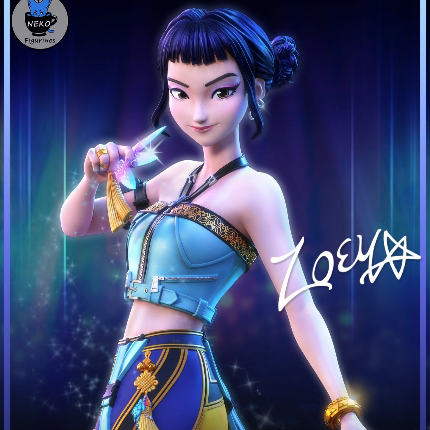 Painted Zoey K-Pop Demon Hunters collectible with blue outfit and dagger ready pose