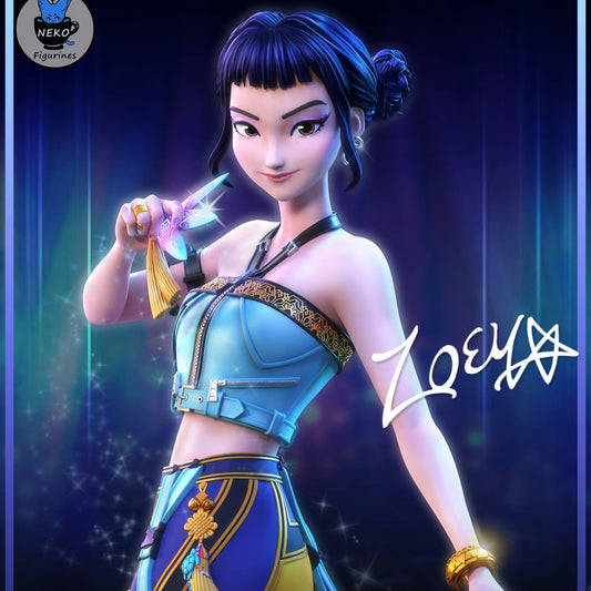 Painted Zoey K-Pop Demon Hunters collectible with blue outfit and dagger ready pose