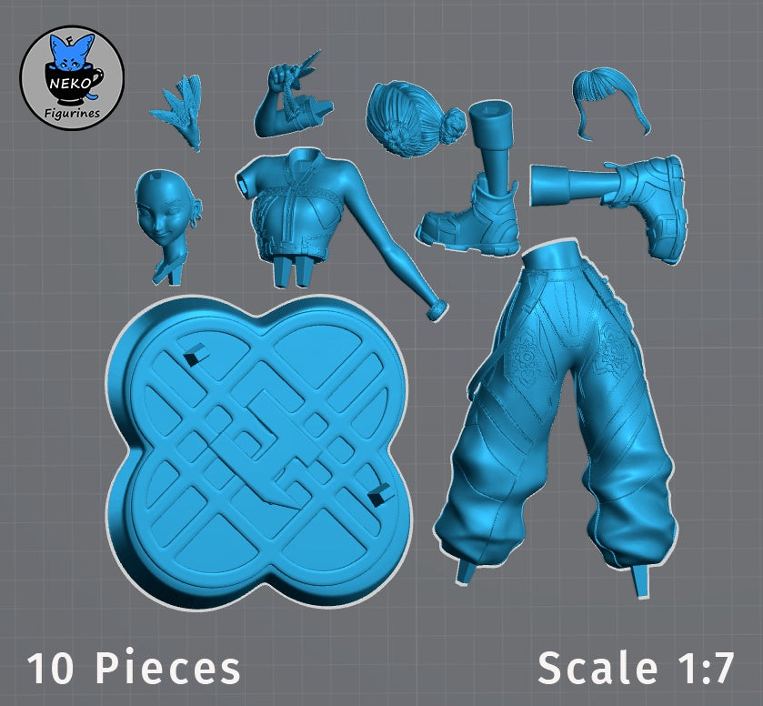 Zoey K-Pop Demon Hunters figurine 10-piece model kit breakdown with base, body, and accessories