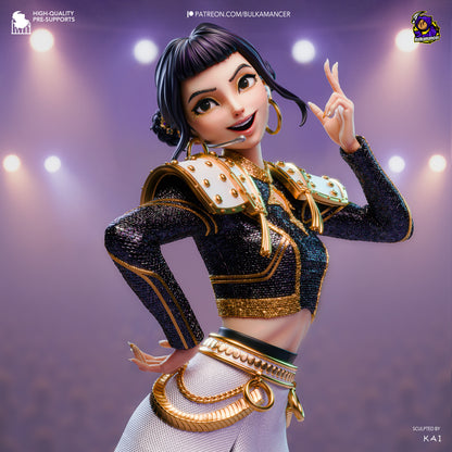 Close-up color render of Zoey K-Pop Demon Hunters figure, showing spiked shoulder armor, glittering outfit, gold accessories, and confident idol expression.