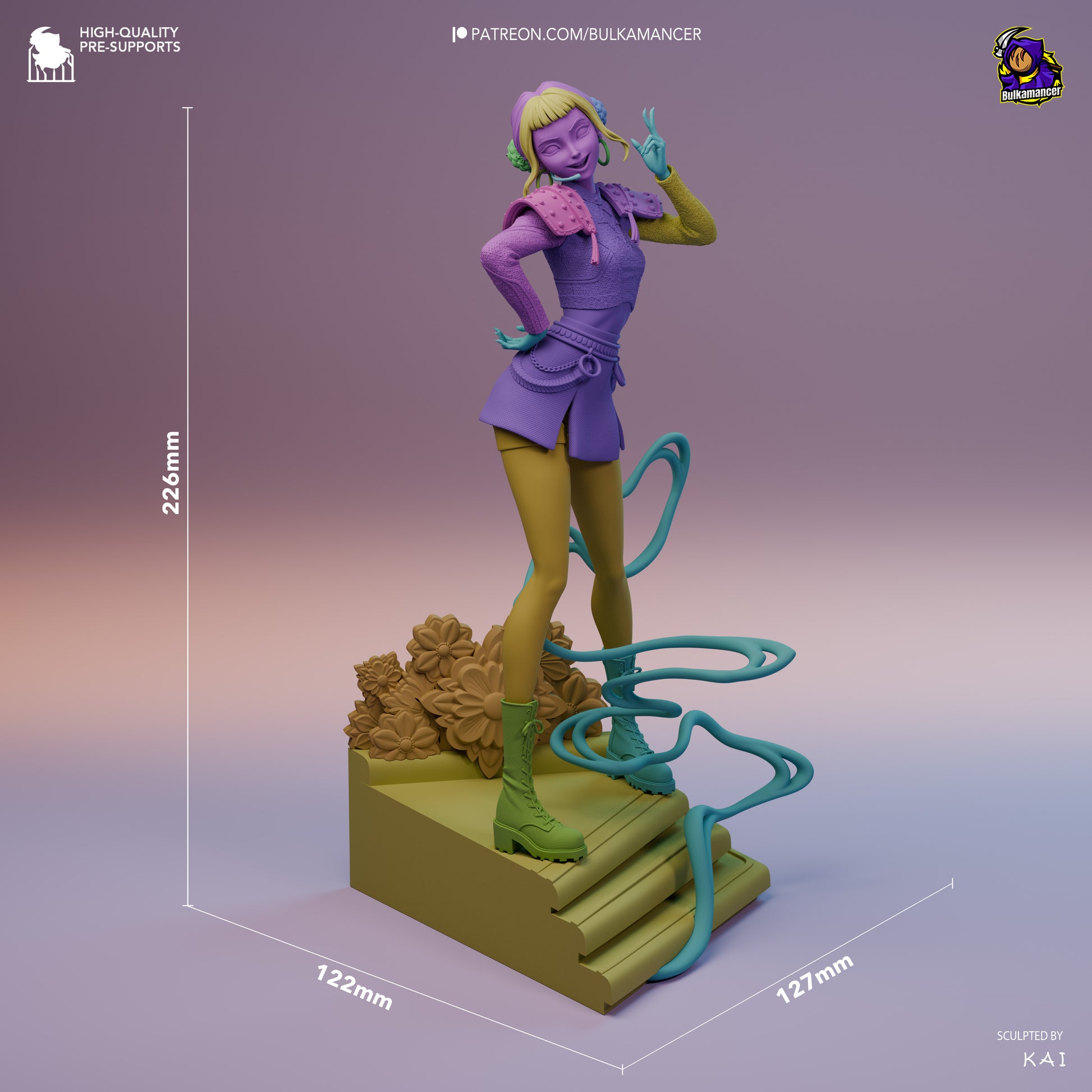 Full assembled colored render of Zoey K-Pop Demon Hunters figure, striking a confident pose with hand on hip, peace sign raised, standing on flowered stage base.