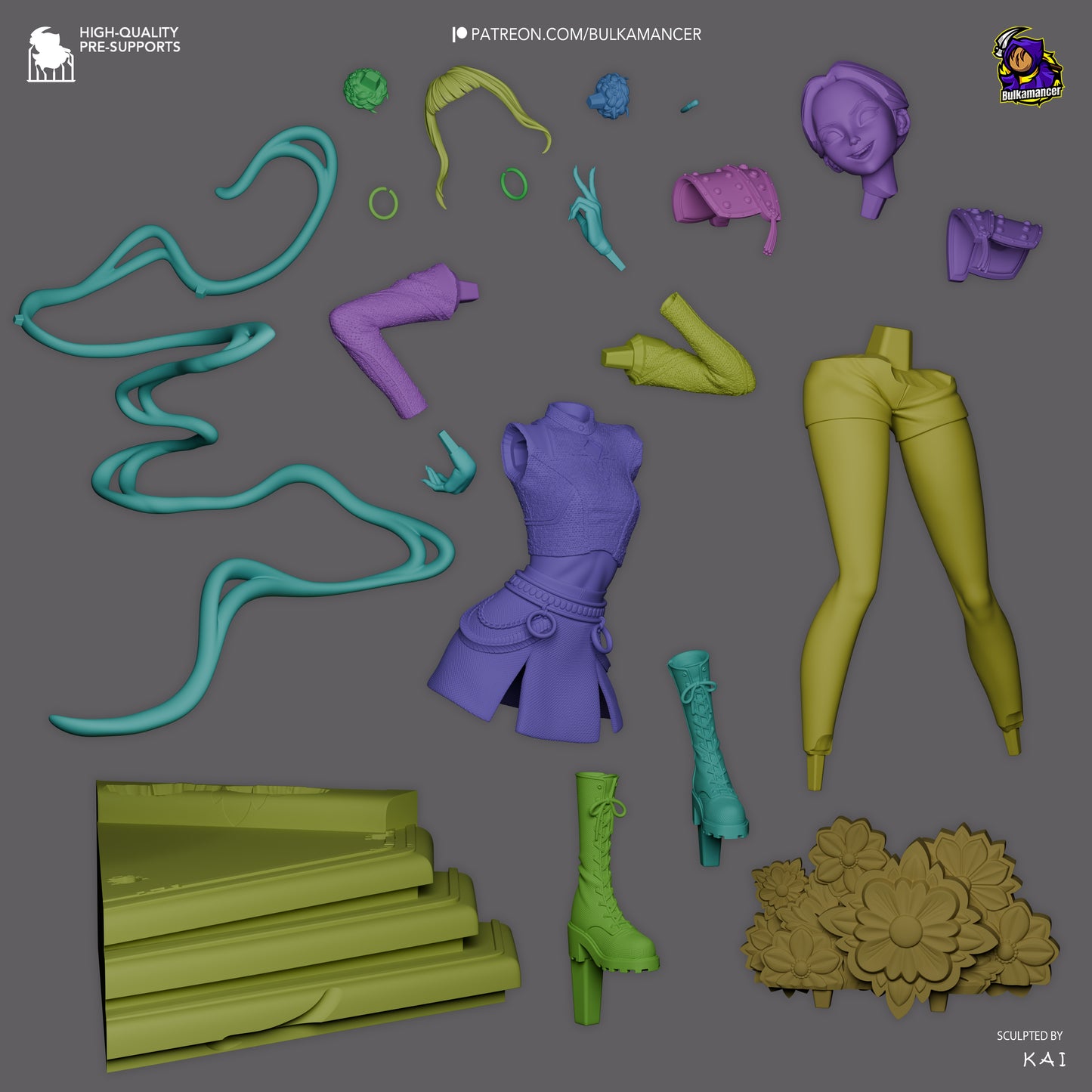 Exploded parts view of Zoey K-Pop Demon Hunters 1:8 scale collectible figure with separate head, torso, arms, boots, accessories, flowers, and stage base.