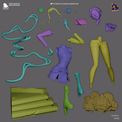 Exploded parts view of Zoey K-Pop Demon Hunters 1:8 scale collectible figure with separate head, torso, arms, boots, accessories, flowers, and stage base.