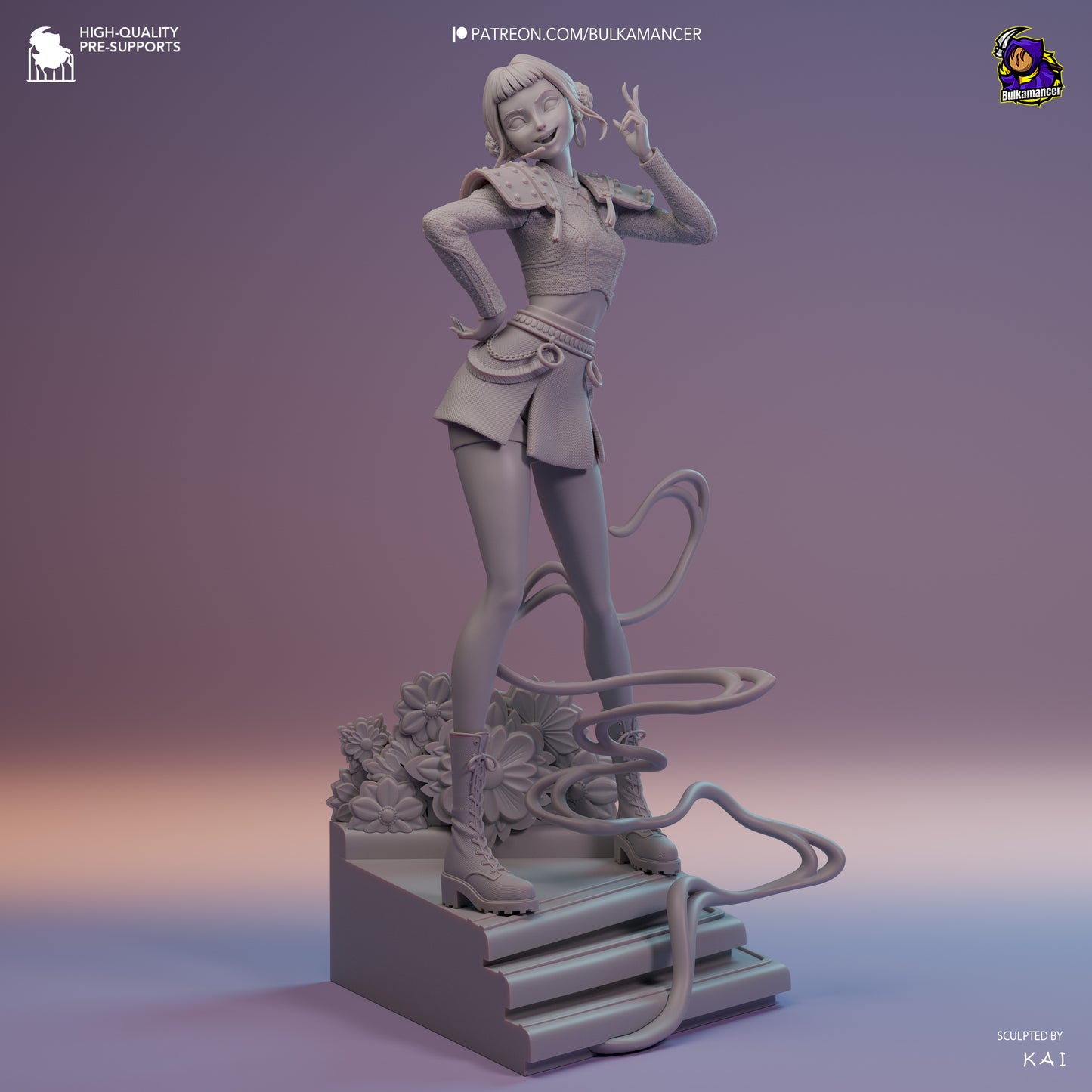 Grey render front view of Zoey K-Pop Demon Hunters 1:8 scale collectible, posed on detailed base with flowing ribbon effects and floral backdrop.