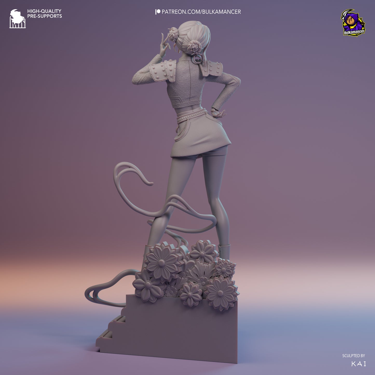 Grey render back view of Zoey K-Pop Demon Hunters collectible, showing hair buns, outfit details, boots, ribbons, and floral stage base.