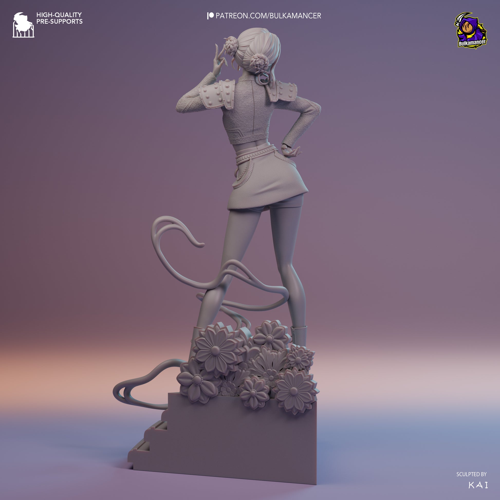 Grey render back view of Zoey K-Pop Demon Hunters collectible, showing hair buns, outfit details, boots, ribbons, and floral stage base.