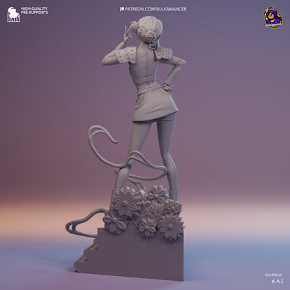 Grey render back view of Zoey K-Pop Demon Hunters collectible, showing hair buns, outfit details, boots, ribbons, and floral stage base.