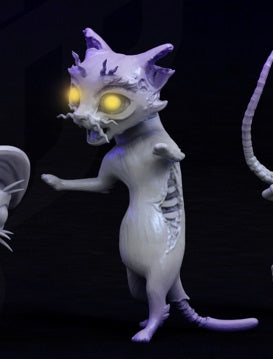 Zombie Cat miniature with glowing eyes and a skeletal body.