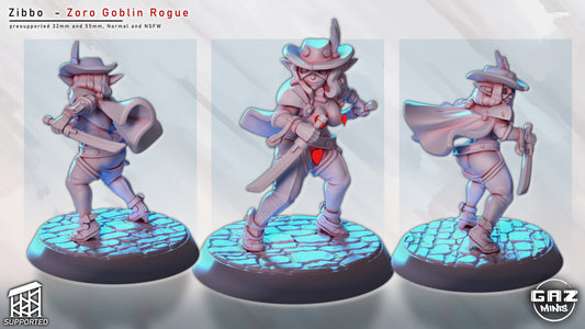 Zibbo Zoro Goblin Rogue figurine three-angle collage showing cloak, swords, and rogue stance