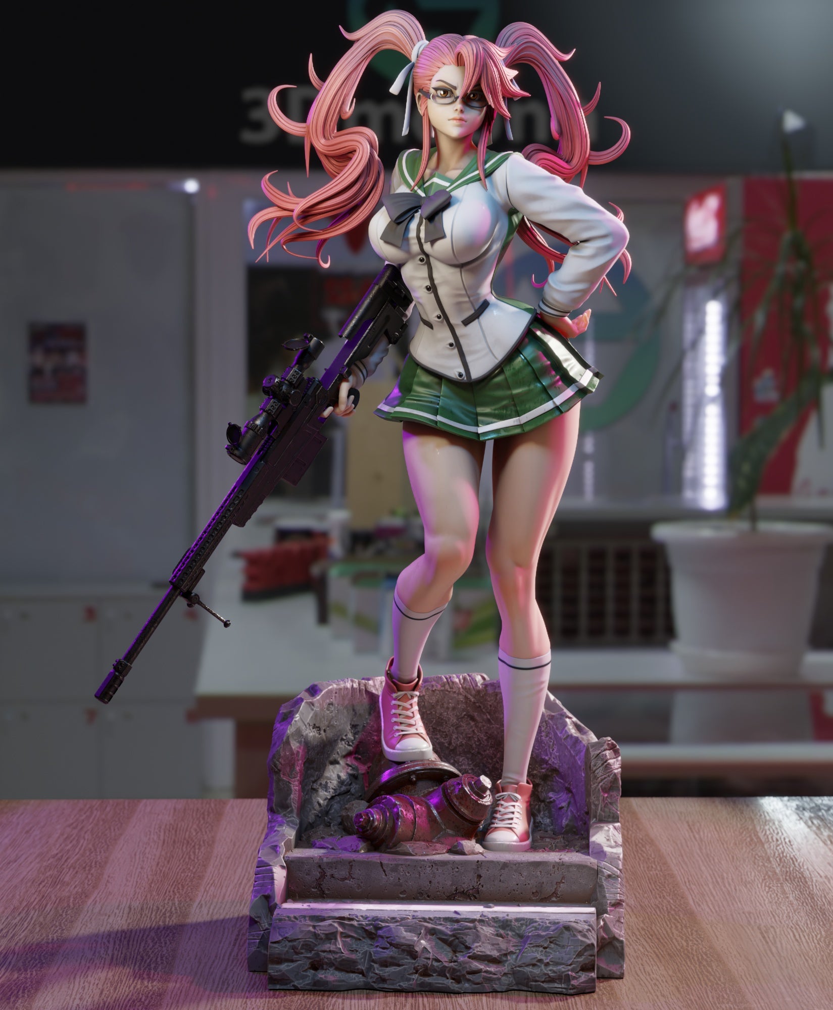 Saya Takagi wearing her green-accented school uniform with bowtie and skirt, holding a sniper rifle, standing confidently on a rubble base.