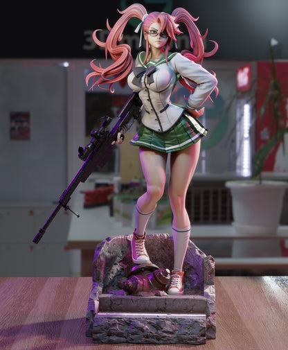 Saya Takagi wearing her green-accented school uniform with bowtie and skirt, holding a sniper rifle, standing confidently on a rubble base.