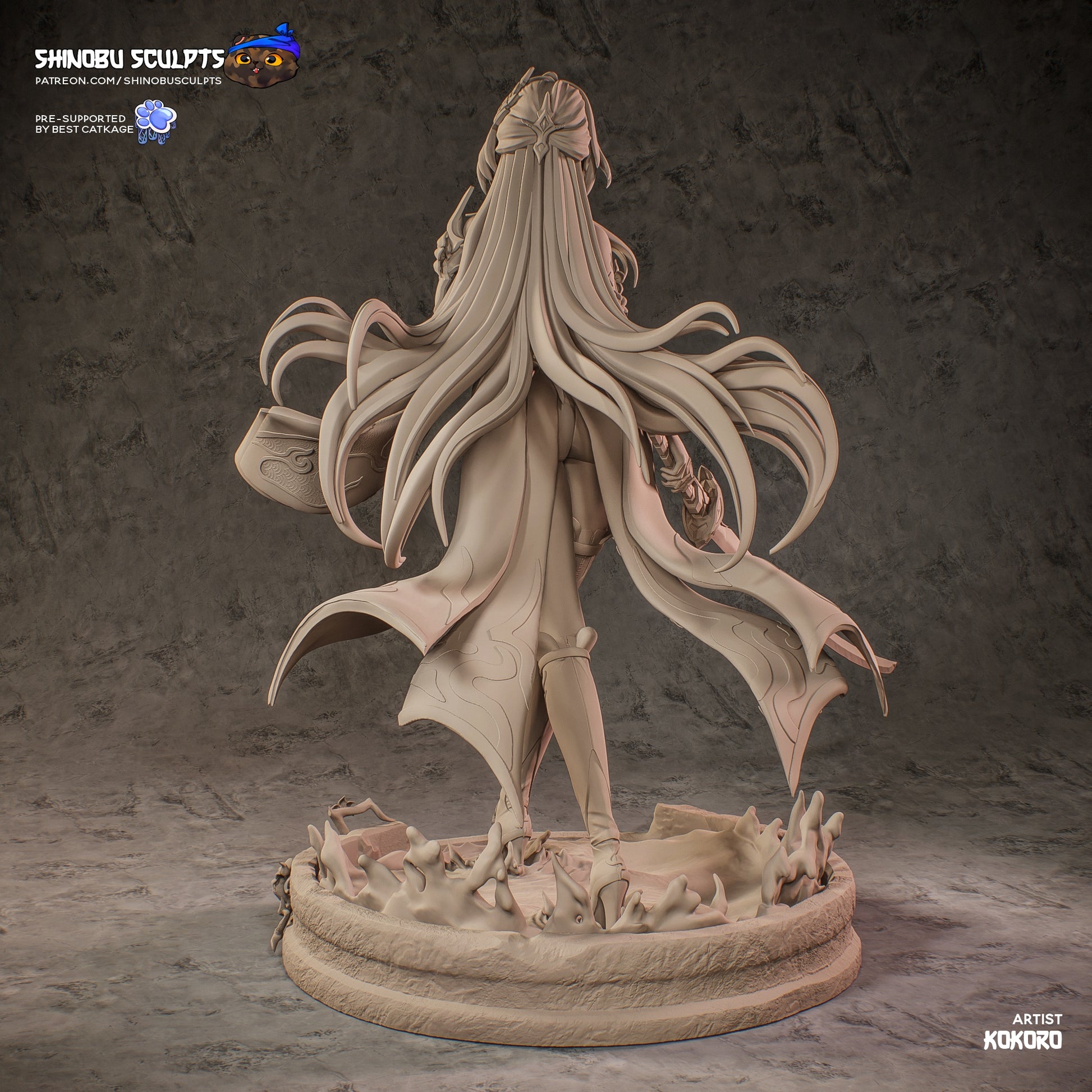 Acheron Honkai Star Rail 1:8 scale resin statue back view long flowing hair coat detail water base anime collectible
