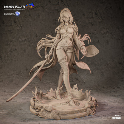 Acheron Honkai Star Rail 1:8 scale resin statue grey render sculpt detail flowing coat katana water base