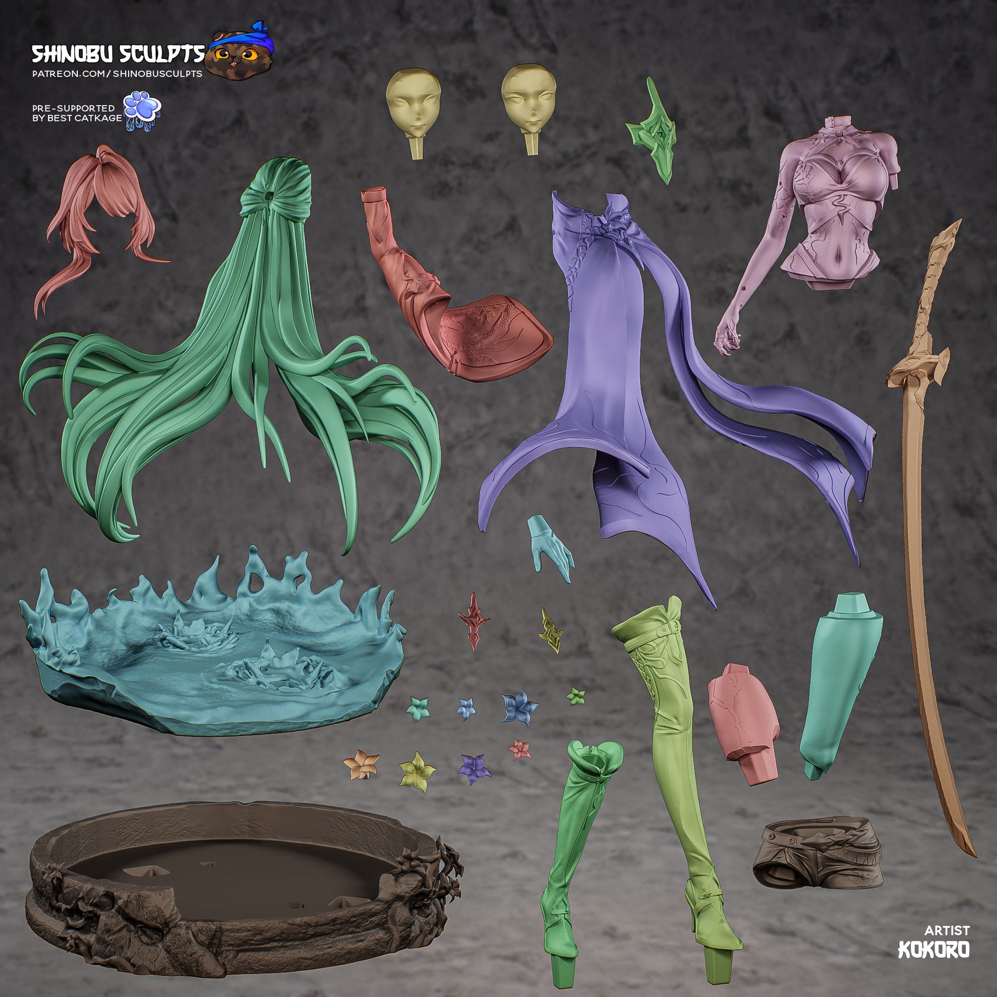 Acheron Honkai Star Rail 1:8 scale resin statue parts layout interchangeable faces hair pieces sword base components anime collectible