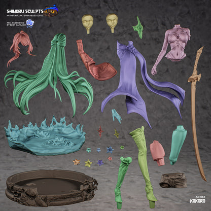 Acheron Honkai Star Rail 1:8 scale resin statue parts layout interchangeable faces hair pieces sword base components anime collectible