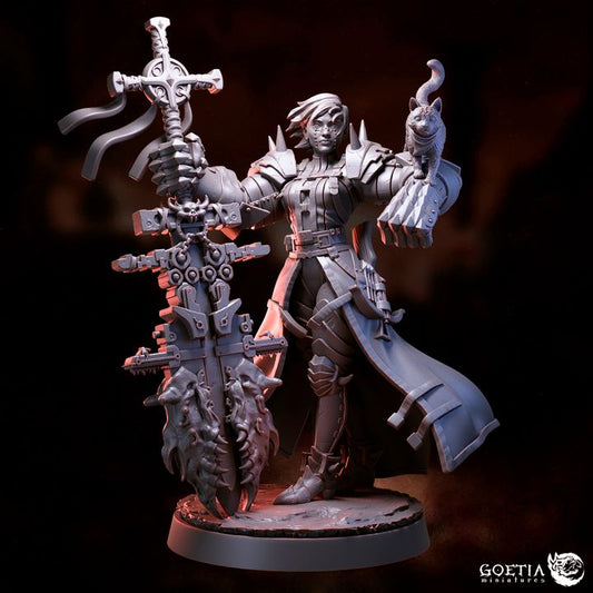 Ada Van Heidegger human monster hunter resin tabletop miniature with oversized holy blade shoulder cat gothic armor undead hunter Dungeons and Dragons grimdark RPG miniature