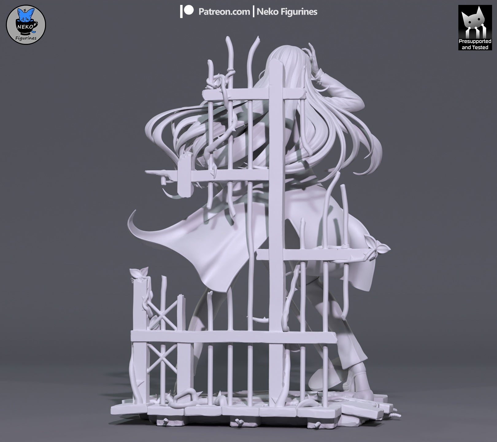 Ado 1:7 scale resin statue grey render back view flowing hair coat tails rose fence base collectible