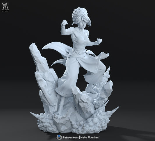 Adult Toph Avatar The Last Airbender unpainted resin statue front render with martial arts stance and earth effects