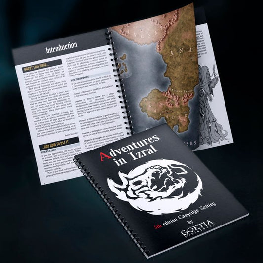 Adventures in Izral grimdark fantasy campaign setting PDF book cover with world map lore pages and Dungeons and Dragons 5E compatible RPG setting guide
