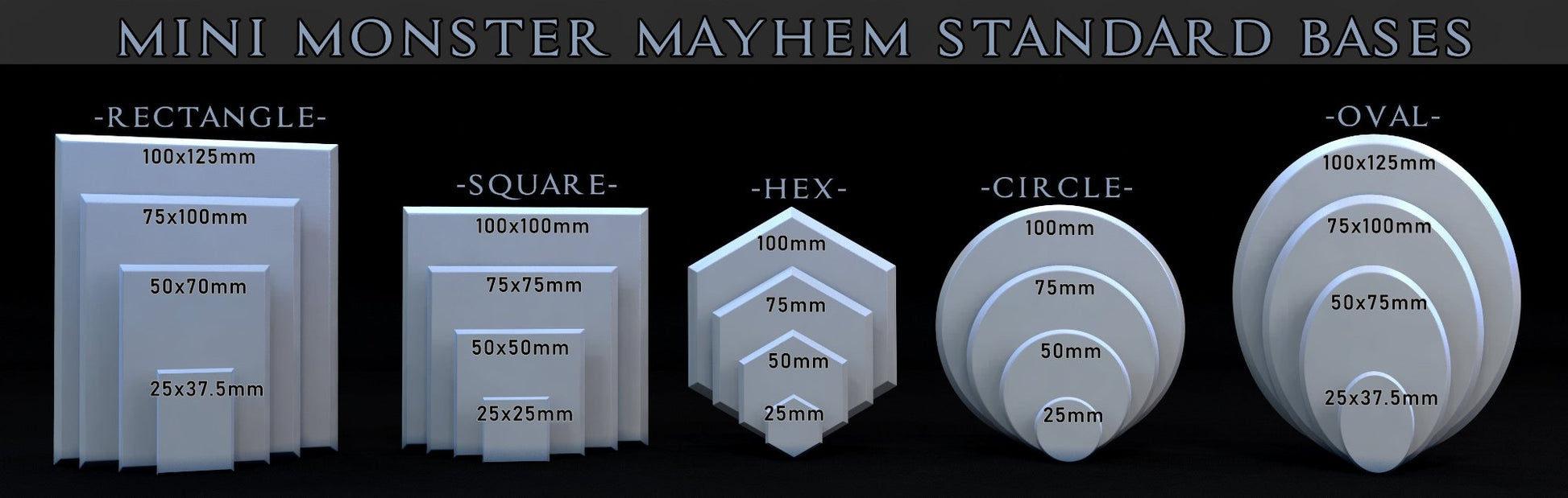 Overview of miniature bases in various shapes, including hex, circle, oval, square, and rectangle, suitable for TTRPG displays.