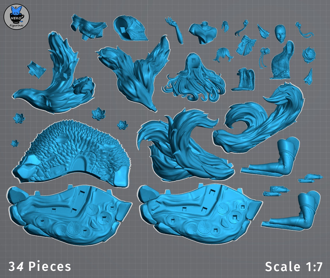 Ahri League of Legends 1:7 scale resin statue dimensions render with nine tails lotus pond base and spirit orb